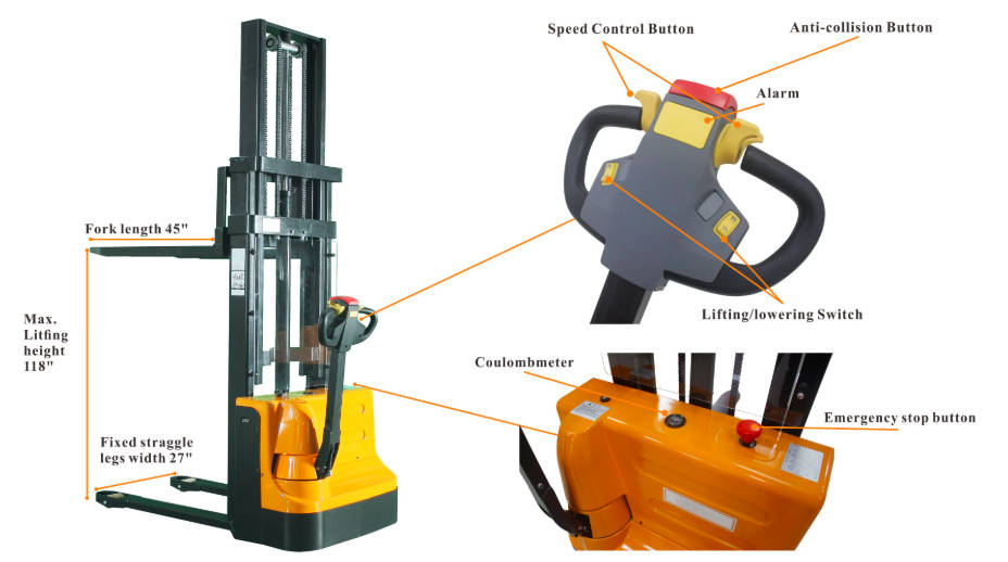 3m Electric Pallet Stacker Walk Behind Forklift 1.5t Rated Load Stacker 34